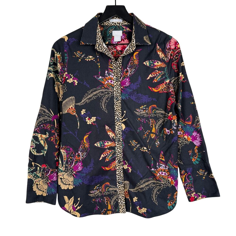 Chico's No-Iron Button Up Shirt Paisley Leopard Black - 0.5 (6 US)